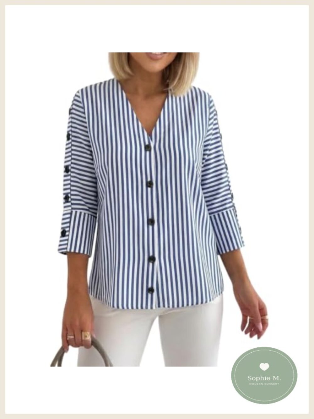 Casual Striped V Neck 3/4 Sleeve Blouse Women Lightweight